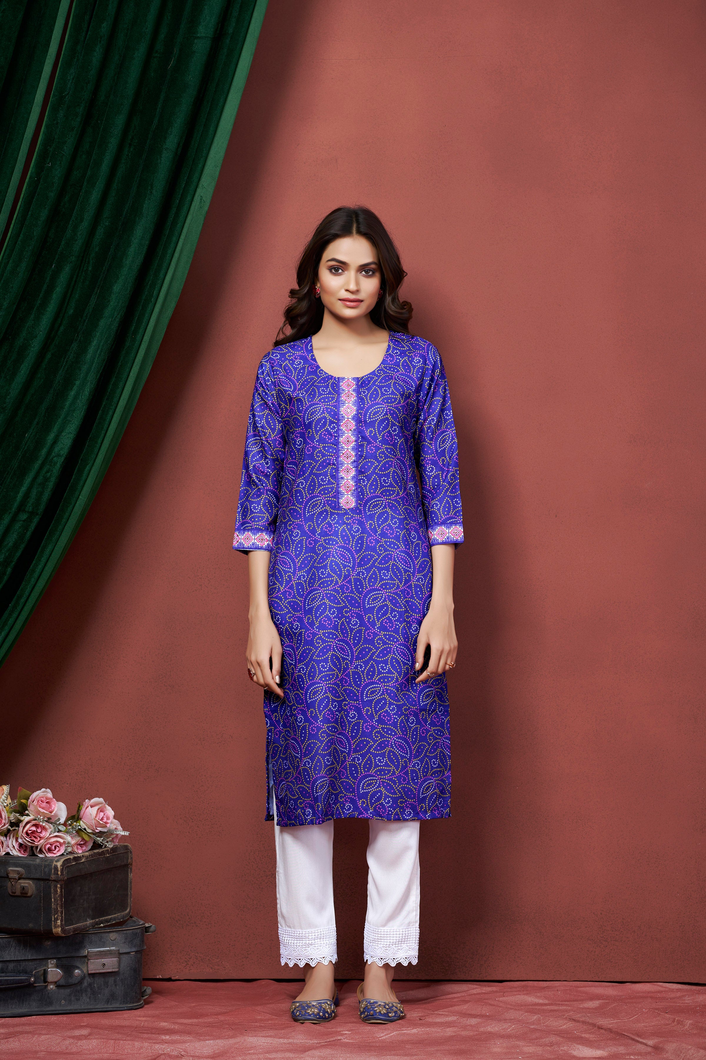 Dark Blue Cotton Linen Printed Kurti – 3/4 Sleeves with Stylish Neckline